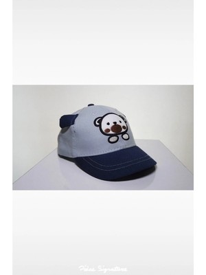 PIECE SIGNATURE %100 Pamuk Kanvas, Ayıcıklı, Kulaklı Çocuk Şapka ( 1-3 Yaş ) ( Unisex ) ( Gri )