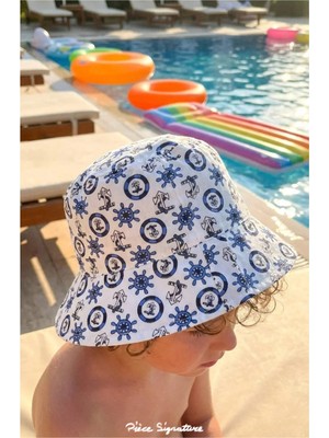 PIECE SIGNATURE 4-8 Yaş Çocuk Güneş Şapkası - Denizci Temalı Polyester Pamuk Karışımlı Kova Şapka ( Size 50-52 cm )