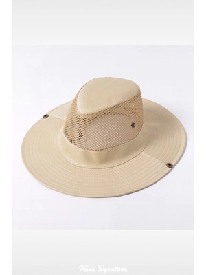PIECE SIGNATURE Unisex Bej Yanları Fileli Düz Safari Şapka
