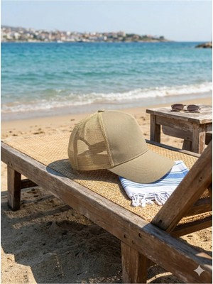 Kardelen Butik Denizli Kardelen Butik Unisex Fileli Spor Şapka (Bej) 5 Panel Ön Orta Dikişsiz Hafif ve Nefes Alabilir