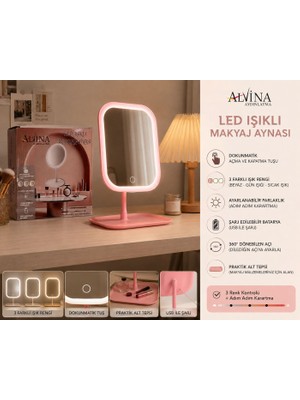 Alvina Aydınlatma LED Işıklı Dimmerli USB Şarjlı Dokunmatik Makyaj Aynası Pembe - 3 Renk Işık Modu 360 Döner Masaüstü Ayna Kare