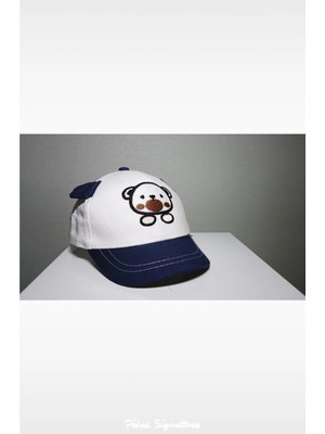 PIECE SIGNATURE %100 Pamuk Kanvas, Ayıcıklı, Kulaklı Çocuk Şapka ( 1-3 Yaş ) ( Unisex ) ( Beyaz )