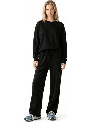 Hiccup Kadınlar Modal Touch Basic Sweatshirt & Geniş Paça Pantolon Ikili Takım Siyah
