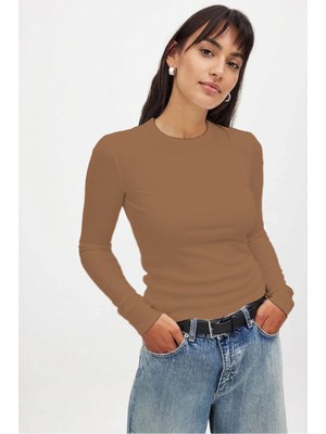 CHEISU Kadın Açık Kahverengi Uzun Kollu Bisiklet Yaka T-Shirt Bluz Kaşkorse Fitilli