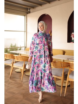 İmaj Butik Pembe Yarım Düğmeli Kol Lastikli Eteği Katlı Viskon Elbise