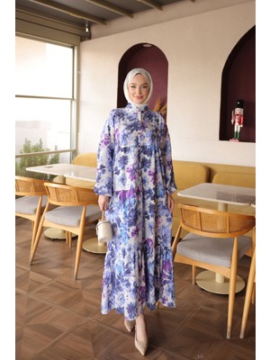 İmaj Butik Lila Yarım Düğmeli Kol Lastikli Eteği Katlı Viskon Elbise