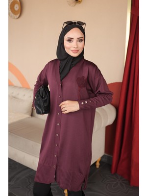 İmaj Butik Mürdüm Yaka Nakışlı Soğuk Iplik Triko Hırka