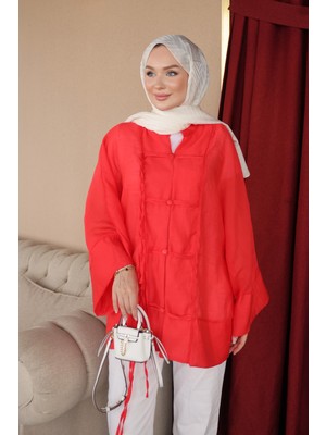İmaj Butik Kırmızı Biye Düğmeli Kimono