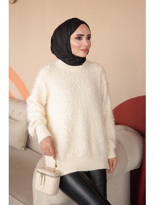 İmaj Butik Bej Bisiklet Yaka Simli Angora Yumoş Triko Kazak