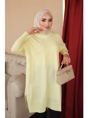 İmaj Butik Limon Sarısı Bisiklet Yaka Merserize Salaş Triko Tunik