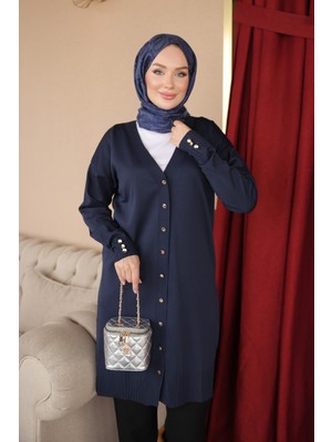 İmaj Butik Lacivert Düğmeli Soğuk Iplik Triko Hırka