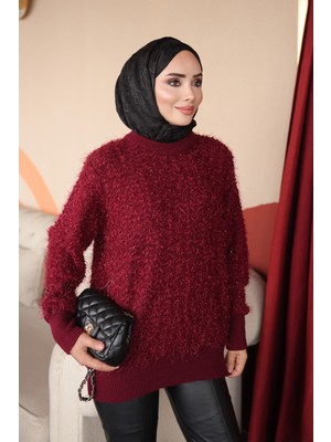 İmaj Butik Bordo Bisiklet Yaka Simli Angora Yumoş Triko Kazak