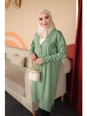 İmaj Butik Mint Yeşili Yaka Nakışlı Soğuk Iplik Triko Hırka