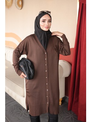İmaj Butik Kahverengi Yaka Nakışlı Soğuk Iplik Triko Hırka