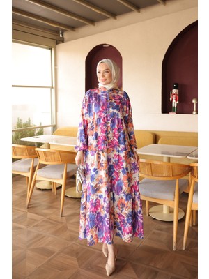 İmaj Butik Mor Yarım Düğmeli Kol Lastikli Eteği Katlı Viskon Elbise