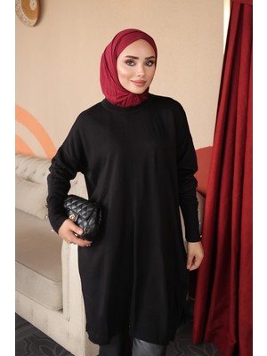 İmaj Butik Siyah Bisiklet Yaka Kol Düğmeli Merserize Salaş Triko Tunik