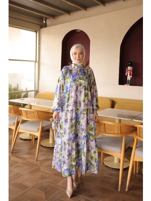 İmaj Butik Lacivert Yarım Düğmeli Kol Lastikli Eteği Katlı Viskon Elbise