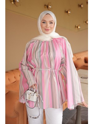 İmaj Butik Pembe Çizgili Geniş Kol Dik Yaka Ip Bağlamalı Bluz