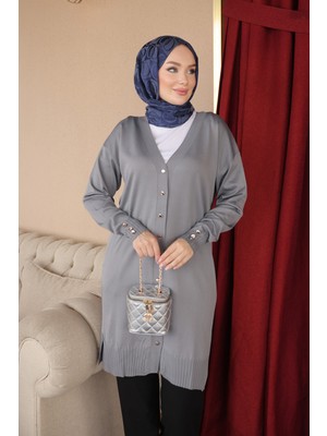 İmaj Butik Gri Düğmeli Soğuk Iplik Triko Hırka