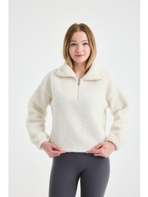 Award Fashion Kadın Dik Yaka Yarım Fermuarlı Peluş Polar Lastik Detaylı Kışlık Mont