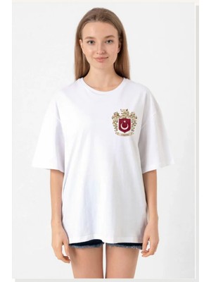 Modi Türk Arma Baskılı Oversize Bisiklet Yaka Günlük T-Shirt Beyaz