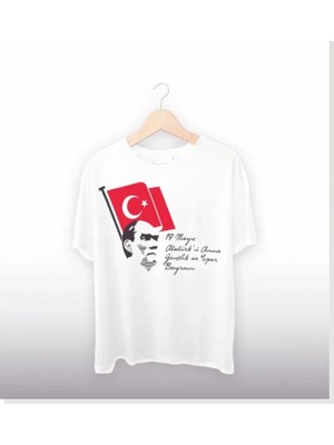 Modi 19 Mayıs Atatürkü Anma Gençlik ve Spor Bayramı Baskılı Oversize T-Shirt Beyaz
