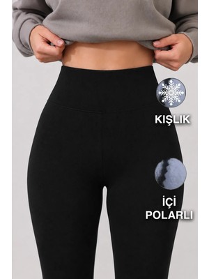 Warasiva Kadın Siyah Kışlık Içi Polarlı Yüksek Bel Toparlayıcı Korseli Interlok Çelik Örme Tayt
