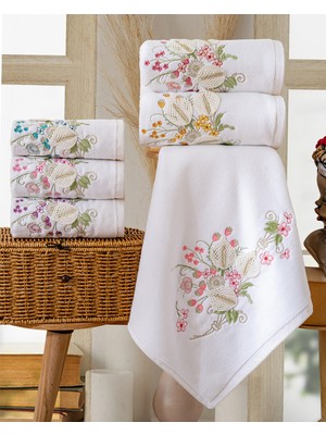 Hazangülü Collection Buldan Üretimi Çeyizlik Nakışlı Hüma Kadife 6’lı El/yüz Havlusu I 50X90