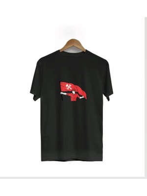 Modi 1 Mayıs Emek ve Dayanışma Bayraklı Emekçi Baskılı Bisiklet Yaka T-Shirt Siyah