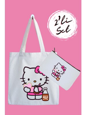 Belirtilmemiş Hello Kitty Milkshake Su Geçirmez Bez Çanta ve Kalemlik 2'li Avantaj Seti