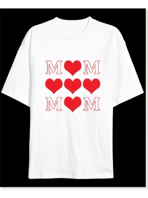 Modi Anneler Günü Hediye Mom Kalp Baskılı Oversize Bisiklet Yaka T-Shirt Beyaz