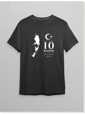 Modi 10 Kasım Atatürk Anma Günü Silüet Baskılı Oversize Bisiklet Yaka T-Shirt Siyah