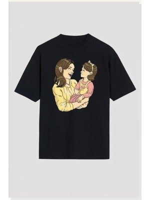 Modi Anneler Günü Hediye Anne Kız Temalı Baskılı Oversize Bisiklet Yaka T-Shirt Siyah