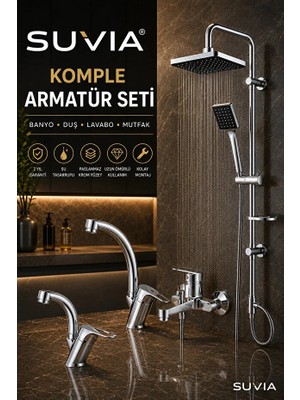 Suvia Armatür Seti 4'lü Banyo Bataryası Yağmurlama Duş Seti Lavabo ve Mutfak Bataryası