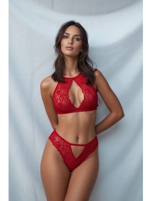Kadın Kırmızı Halter Yaka Göğüs Dekolteli Dantel Bralet Takım - ANKA005004-9510