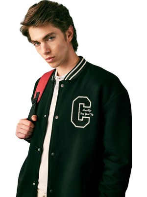 Happy Trend Defacto Erkek Oversize Fit Kolej Yaka Bomber Baskılı Içi Yumuşak Tüylü Kalın Kumaş Hırka