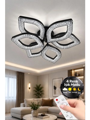 Yonca Model Siyah Kumandalı 6"lı Ledli 3 Renk Modu Kristal Salon Mutfak Yatak Çocuk Odası Avize