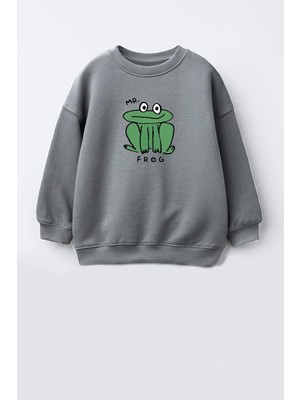 Monila Unisex Çocuk Kurbağa Baskılı 3 Iplik Kumaş Pamuklu Sweatshirt