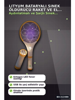 Sepetopia Lityum Bataryalı Sinek Öldürücü Raket - El Feneri ve LED Işıklı, 1 Adet BX-313486