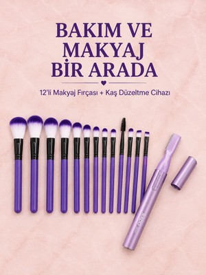 12’li Mor Makyaj Fırça Seti ve Kaş Düzeltme Cihazı Kadın Makyaj ve Kişisel Bakım Seti