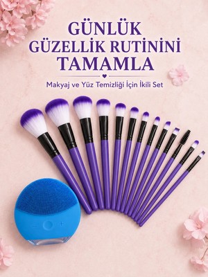 12 Parça Makyaj Fırçası ve Silikon Yüz Temizleyici Cihaz Ikili Güzellik ve Kişisel Bakım Seti