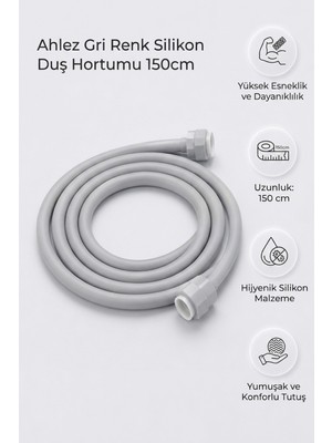 Ahlez Gri Silikon Duş Hortumu 150 cm - Esnek, Kırılmaz ve Dayanıklı Banyo Hortumu