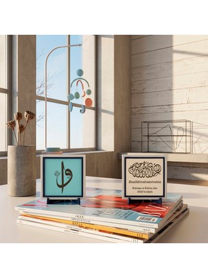 Miawiki Modern ve Huzurlu Mekânlar Için Harflerin Sırrı Kombini ve Damla Hat Meâlli Besmele Detaylı Ikili Aksesuar 10X10 Cm, Pudra - Turkuaz