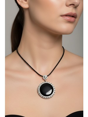 Moda Accessories Zirkon Taşlı Depresyon Azaltıcı Doğal Taş Kolye Ucu Oniks