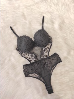 Sarvexa Dolgulu Dantelli Siyah Body Suit Sütyen Takımı B Kap