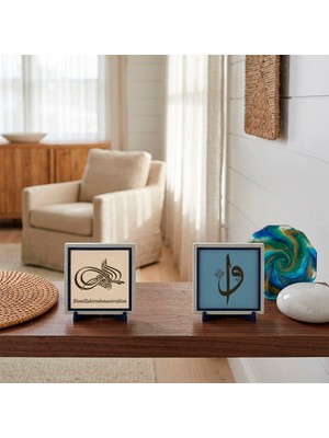 Miawiki 10X10 cm Ikili Stantlı Elif ve Vav Yazısı ve Bismillâhirrahmânirrahîm Seti Özel Tasarım Zemin Üzerine Zarif Işlemeler 10X10 Cm, Pudra - Gök Mavi
