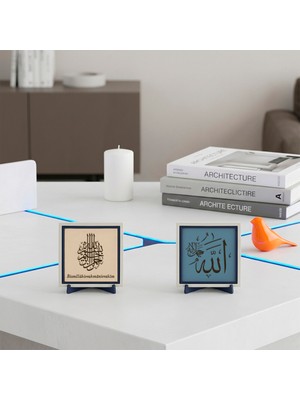 Miawiki 10X10 cm Ikili Stantlı Allah Celle Celâluhû Yazısı ve Orijinal Metinli Besmele Seti Özel Tasarım Zemin Üzerine Zarif Işlemeler 10X10 Cm, Pudra - Gök Mavi