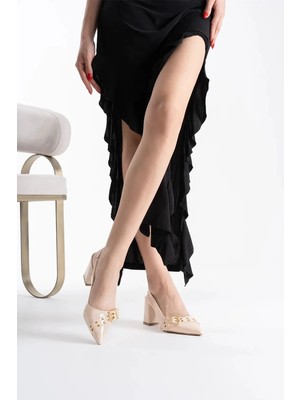 Alfaze Bej Rugan Büyük Tokalı Sivri Burun Slingback Topuklu Ayakkabı Topuk Boyu 8 cm