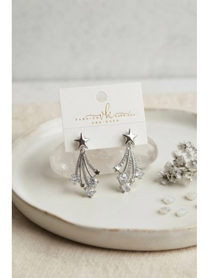 Aslanoğlu Store Mey Ithalat® Gümüş Renk Zirkon Taşlı Halley Model Pirinç Kadın Küpe