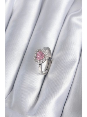Aslanoğlu Store Mey Ithalat® Pirinç Gümüş Renk Pembe Zirkon Taşlı Charm Model Kadın Yüzük